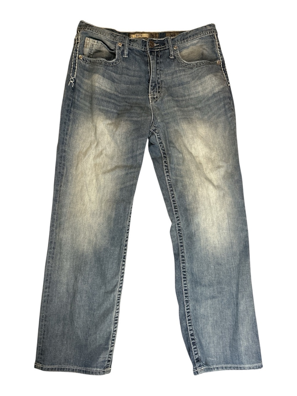 BKE Seth Men’s Jeans 36R Straight Leg Distressed Faded Medium Wash Denim